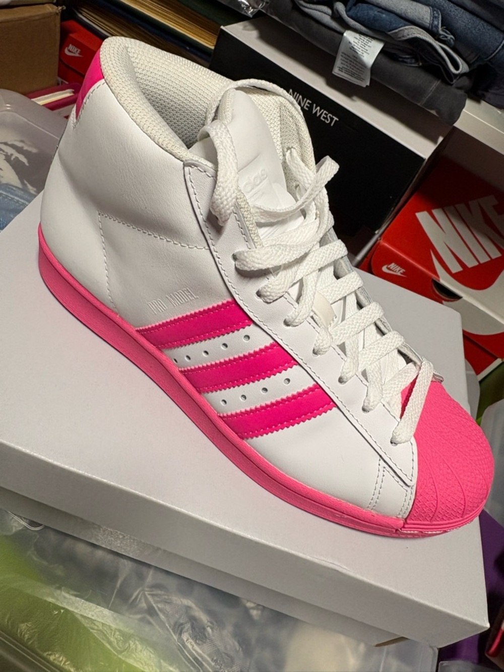 Adidas Kids White High-Top Sneakers with Bright Pink Accents